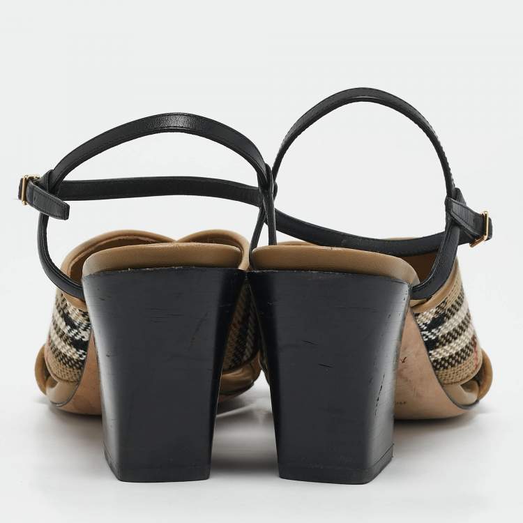 Pre Owned Burberry Beige/Black Canvas and Leather Castlebar Ankle Strap Sandals Size 38