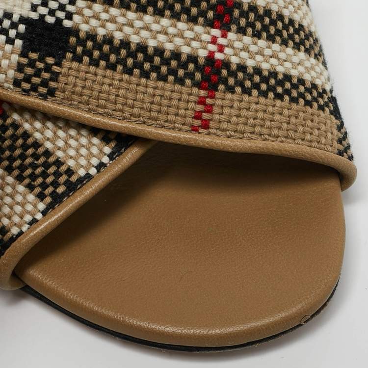 Pre Owned Burberry Beige/Black Canvas and Leather Castlebar Ankle Strap Sandals Size 38