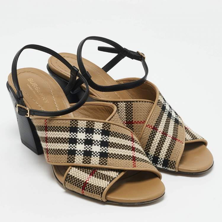 Pre Owned Burberry Beige/Black Canvas and Leather Castlebar Ankle Strap Sandals Size 38