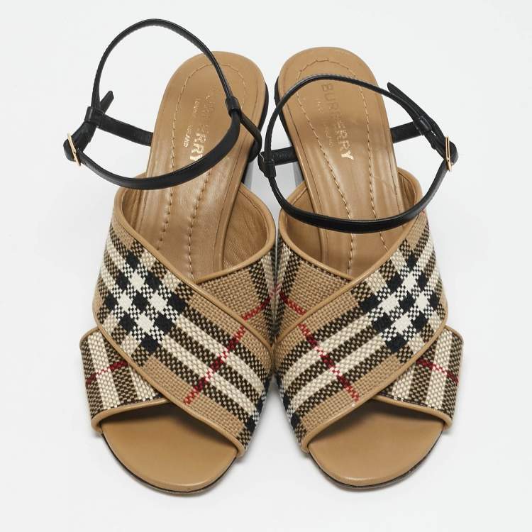 Pre Owned Burberry Beige/Black Canvas and Leather Castlebar Ankle Strap Sandals Size 38