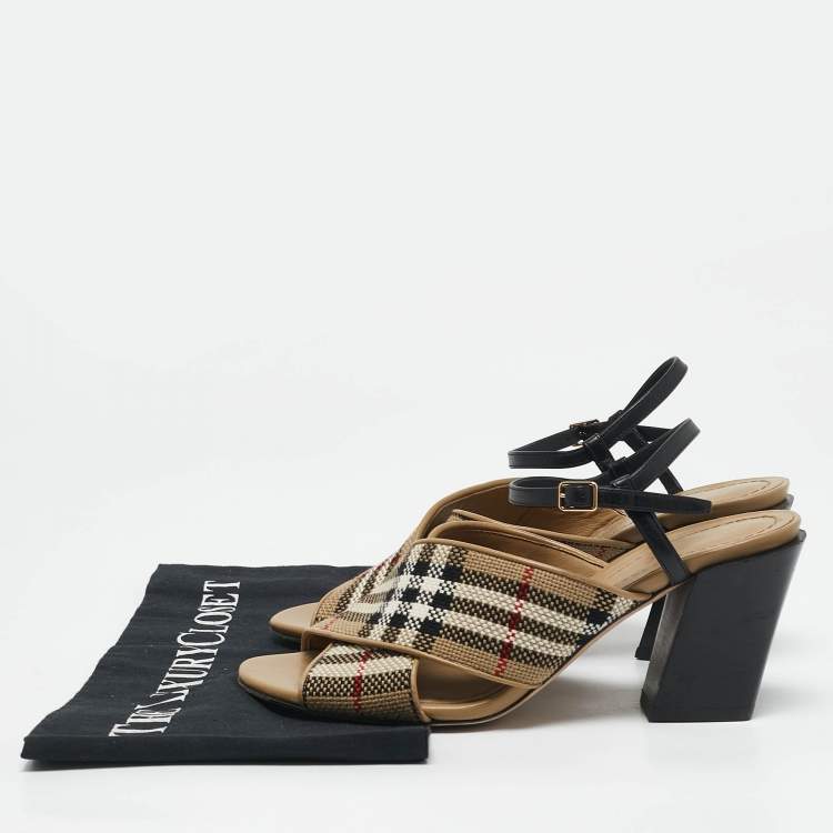 Pre Owned Burberry Beige/Black Canvas and Leather Castlebar Ankle Strap Sandals Size 38