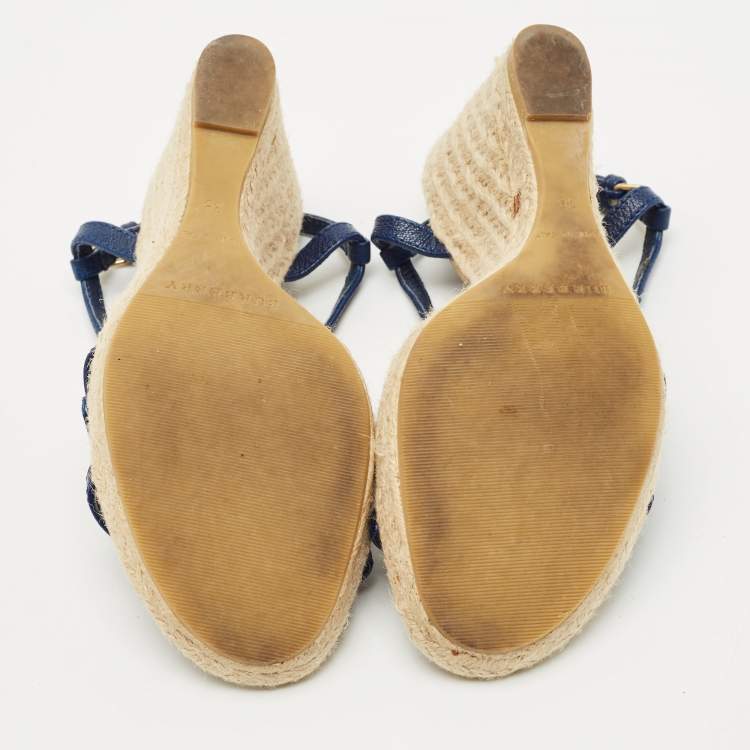 Pre Owned Burberry Navy Blue Leather Espadrille Wedge Sandals Size 38