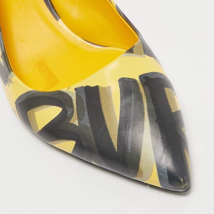 Pre Owned Burberry Yellow/Black Printed Leather Morson Slingback Pumps Size 41