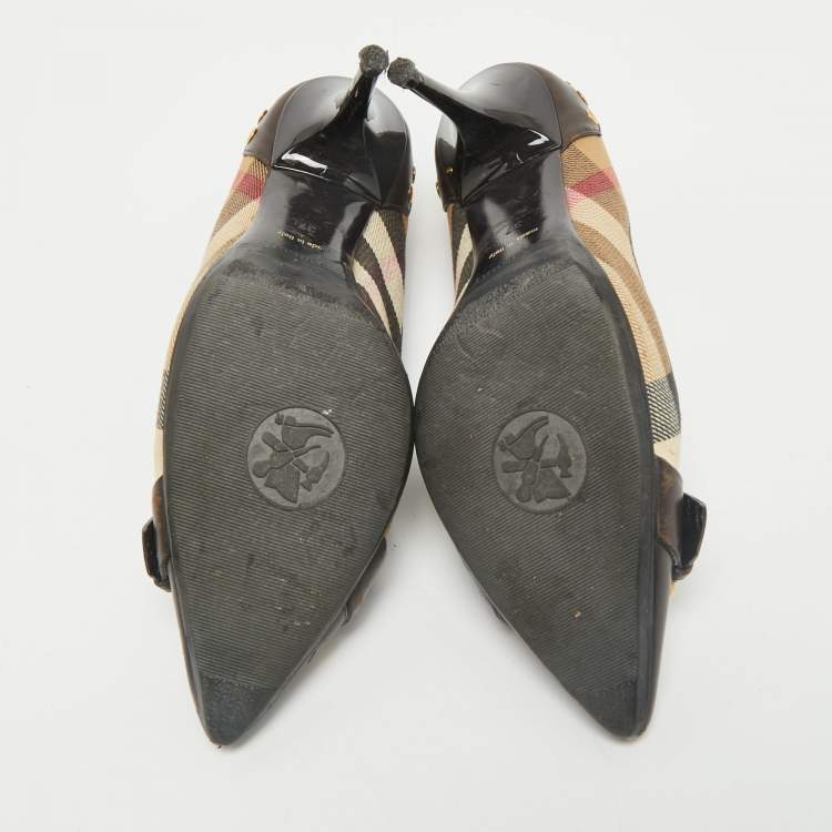 مملوكة مسبقًا Burberry Beige/Brown Leather and Nova Check Canvas Pointed Toe Pumps Size 37