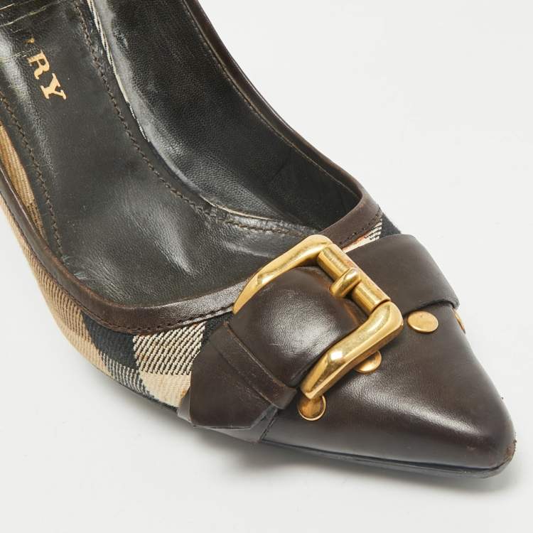 مملوكة مسبقًا Burberry Beige/Brown Leather and Nova Check Canvas Pointed Toe Pumps Size 37