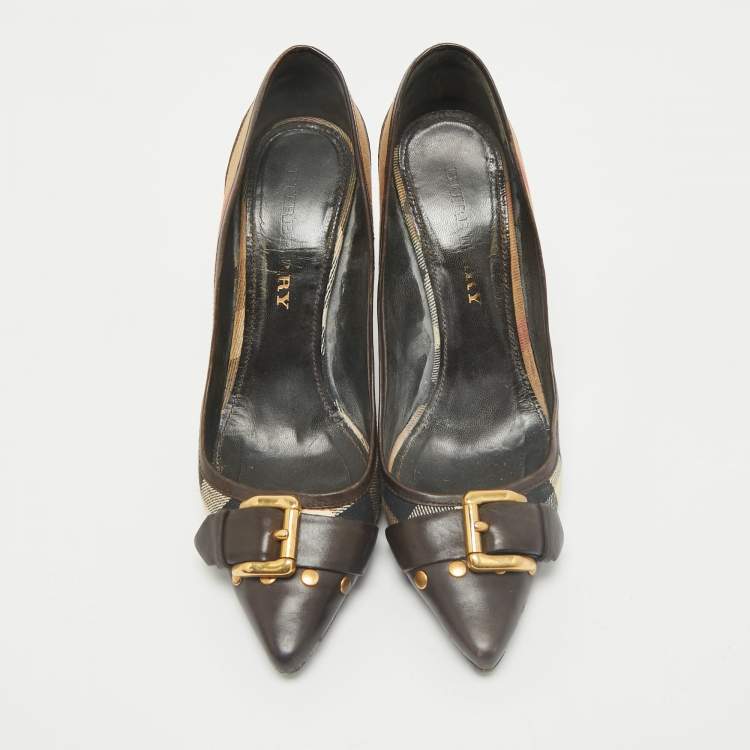 مملوكة مسبقًا Burberry Beige/Brown Leather and Nova Check Canvas Pointed Toe Pumps Size 37