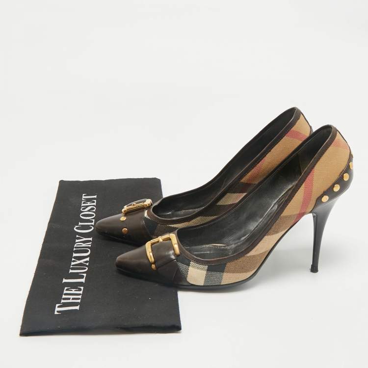 مملوكة مسبقًا Burberry Beige/Brown Leather and Nova Check Canvas Pointed Toe Pumps Size 37