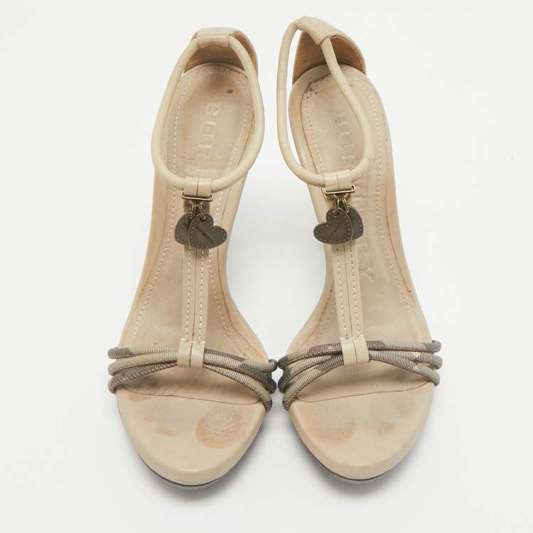 Pre Owned Burberry  Grey Leather and Canvas Ankle Strap Sandals Size 38