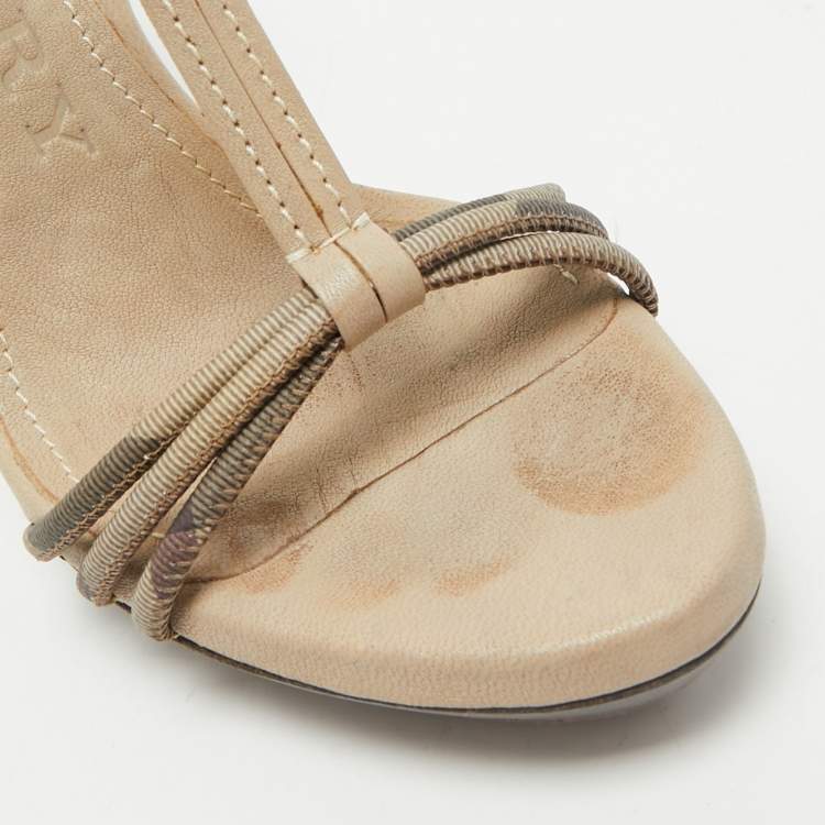 Pre Owned Burberry  Grey Leather and Canvas Ankle Strap Sandals Size 38