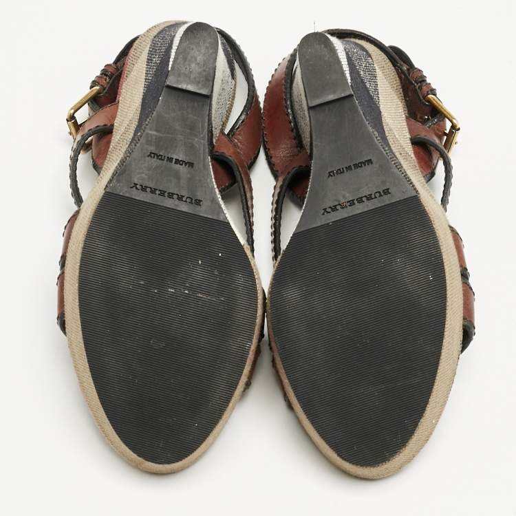 Pre Owned Burberry Brown Leather and Nova Check Canvas Wedge Sandals Size 40