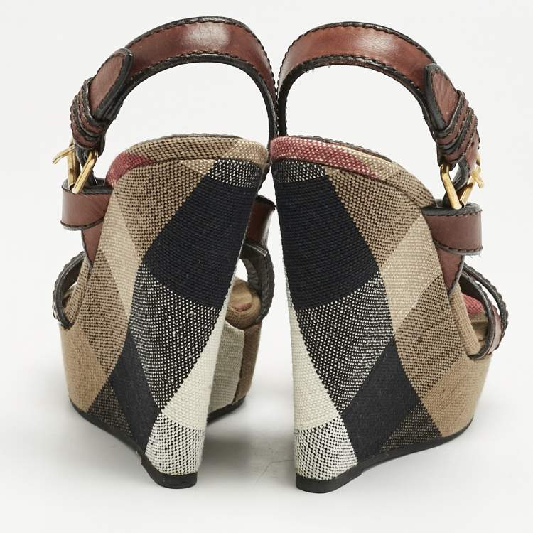 Pre Owned Burberry Brown Leather and Nova Check Canvas Wedge Sandals Size 40