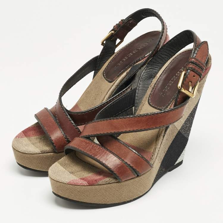 Pre Owned Burberry Brown Leather and Nova Check Canvas Wedge Sandals Size 40