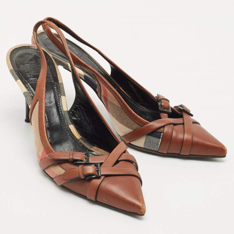 Pre Owned Burberry Brown Leather And Novacheck Buckle Slingback Sandals Size 39