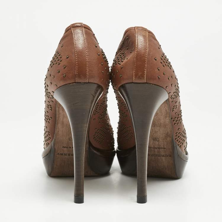 Pre Owned Burberry Brown Leather Studded Platform Pumps Size 38