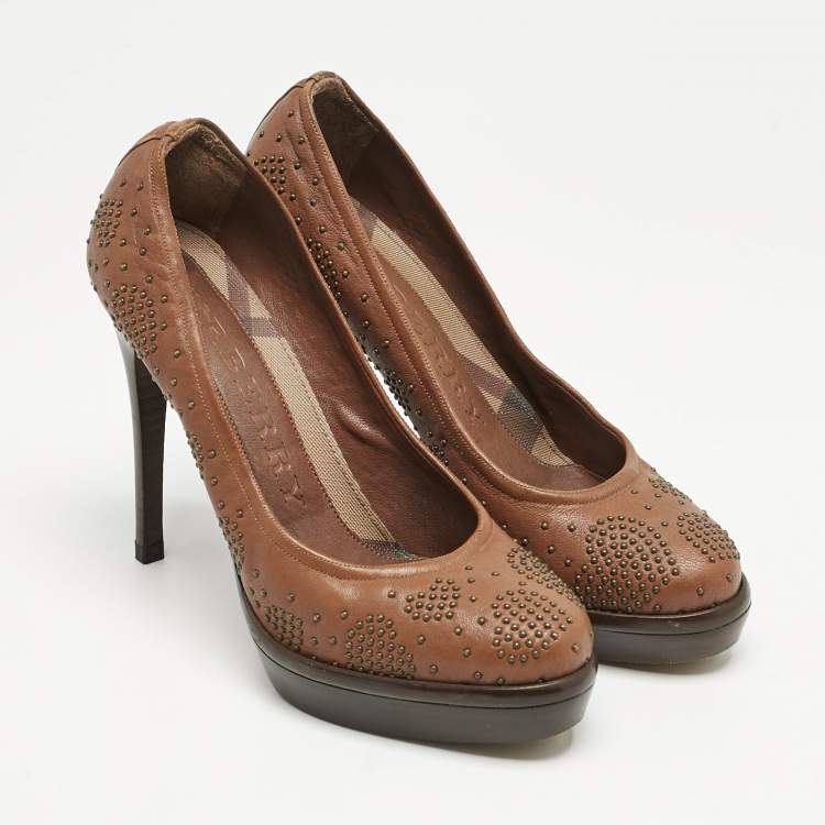 Pre Owned Burberry Brown Leather Studded Platform Pumps Size 38