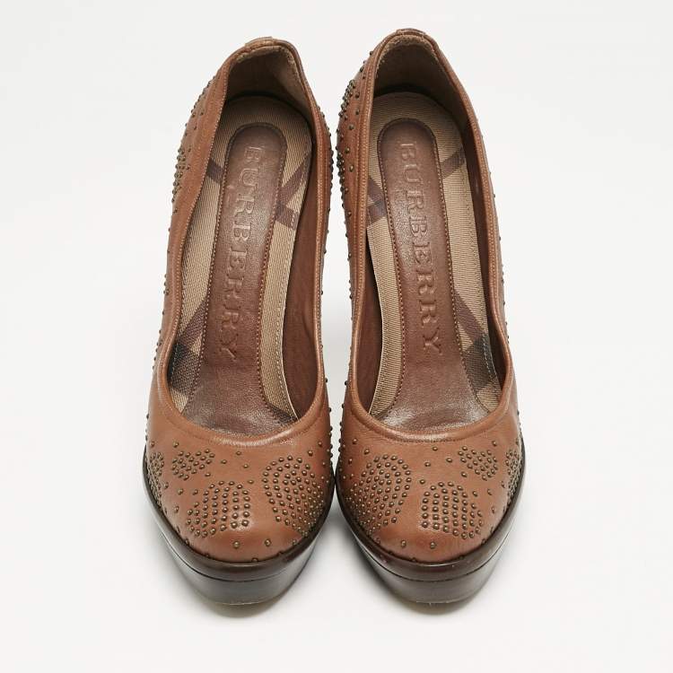 Pre Owned Burberry Brown Leather Studded Platform Pumps Size 38