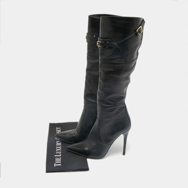Pre Owned Burberry Black Leather Buckle Pointed Toe Knee Length Boots Size 38