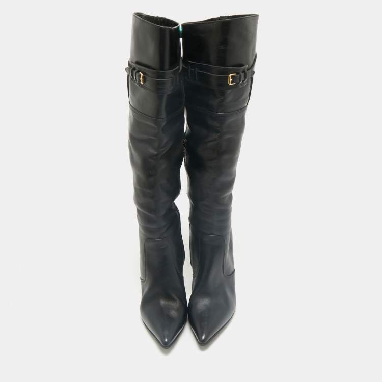 Pre Owned Burberry Black Leather Buckle Pointed Toe Knee Length Boots Size 38