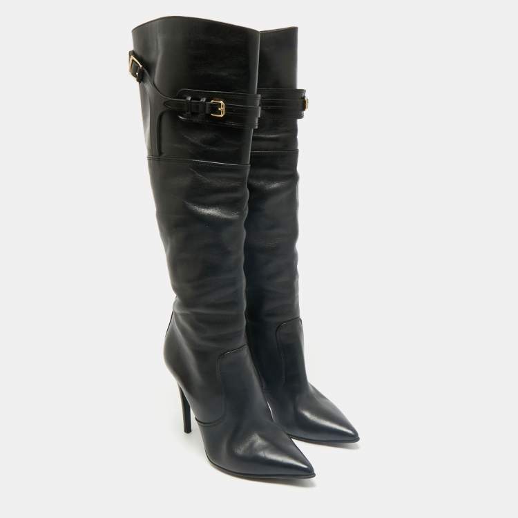 Pre Owned Burberry Black Leather Buckle Pointed Toe Knee Length Boots Size 38