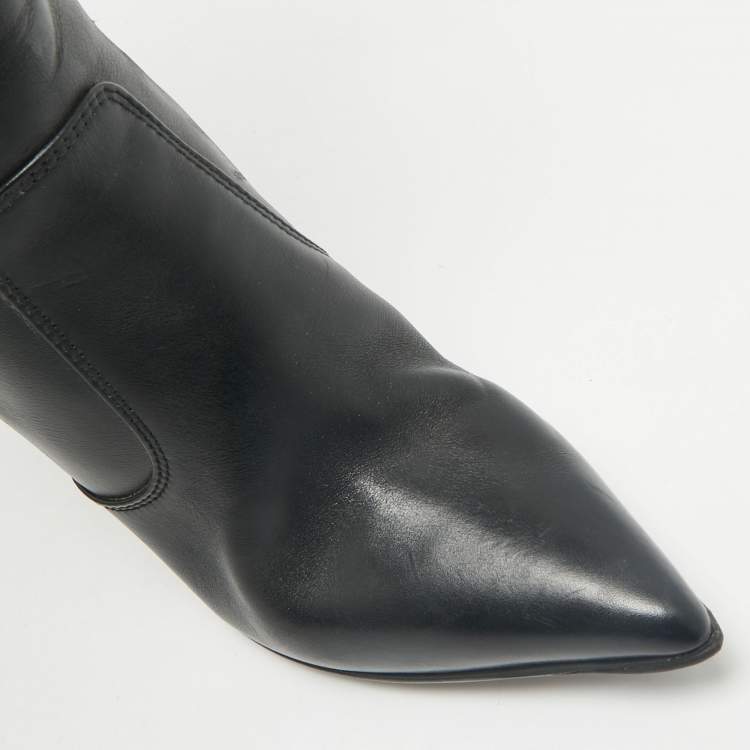 Pre Owned Burberry Black Leather Buckle Pointed Toe Knee Length Boots Size 38