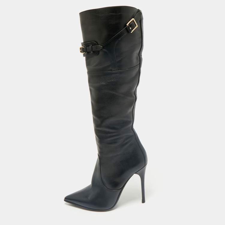 Pre Owned Burberry Black Leather Buckle Pointed Toe Knee Length Boots Size 38
