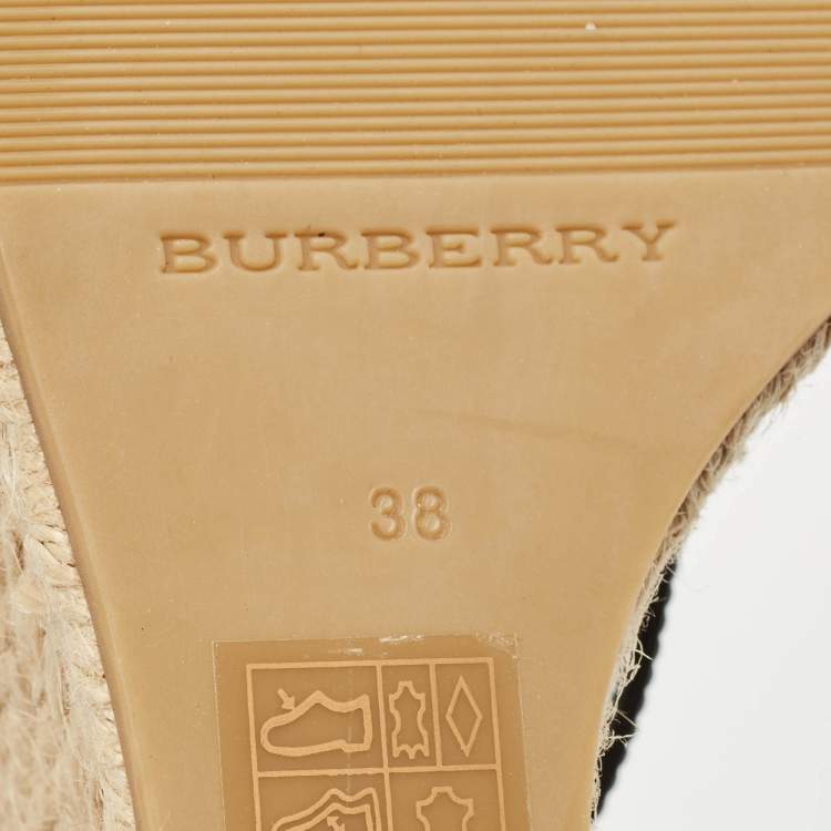 Pre Owned Burberry Beige/Black Check Patent Leather and Canvas Espadrille Wedge Sandals Size 38
