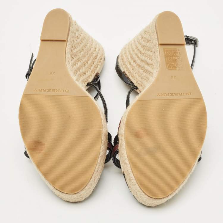 Pre Owned Burberry Beige/Black Check Patent Leather and Canvas Espadrille Wedge Sandals Size 38