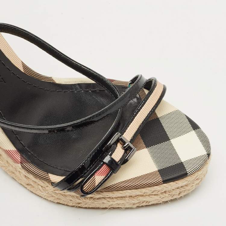 Pre Owned Burberry Beige/Black Check Patent Leather and Canvas Espadrille Wedge Sandals Size 38