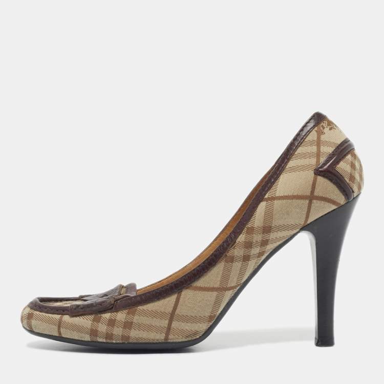 Pre Owned Burberry Beige/Brown Canvas and Leather Loafer Pumps Size 39.5