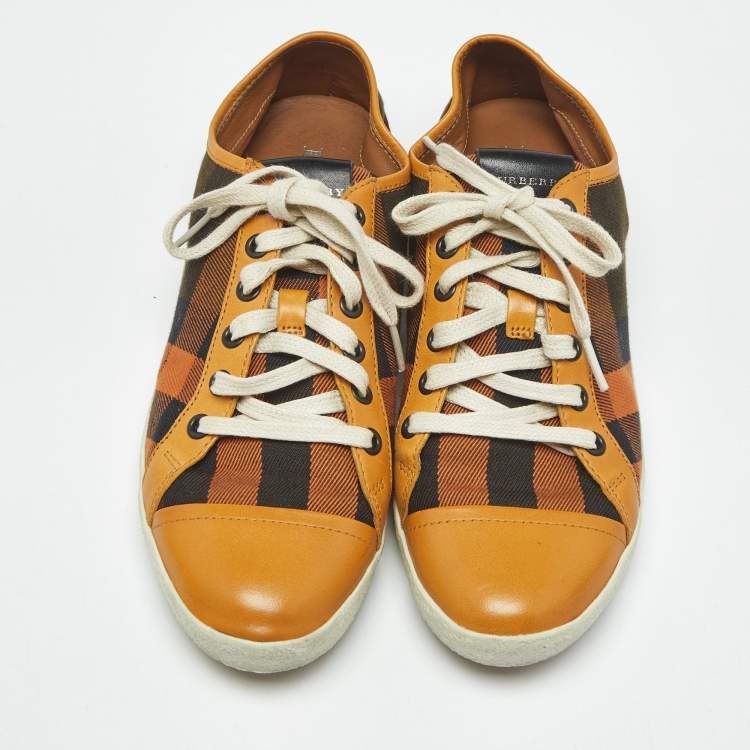 Pre Owned Burberry Orange Check Canvas and Leather Harrowby Sneakers Size 38