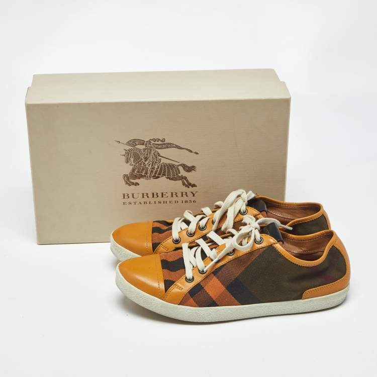 Pre Owned Burberry Orange Check Canvas and Leather Harrowby Sneakers Size 38