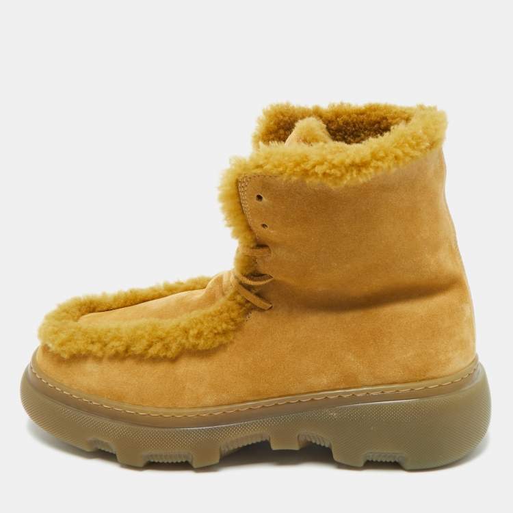 Pre Owned Burberry Green Shearling and Suede Chugga Ankle Length Boots Size 40