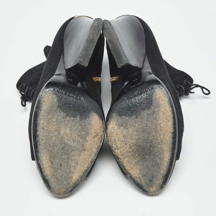 Pre Owned Burberry Black Suede Peep Toe Lace Up Booties Size 39