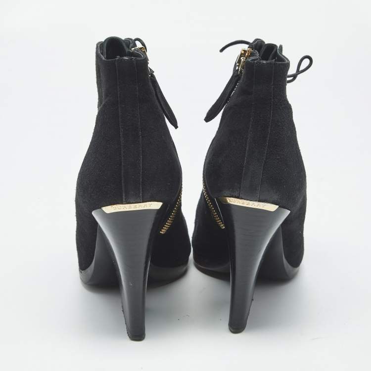 Pre Owned Burberry Black Suede Peep Toe Lace Up Booties Size 39
