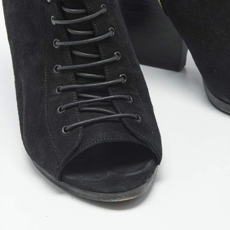 Pre Owned Burberry Black Suede Peep Toe Lace Up Booties Size 39
