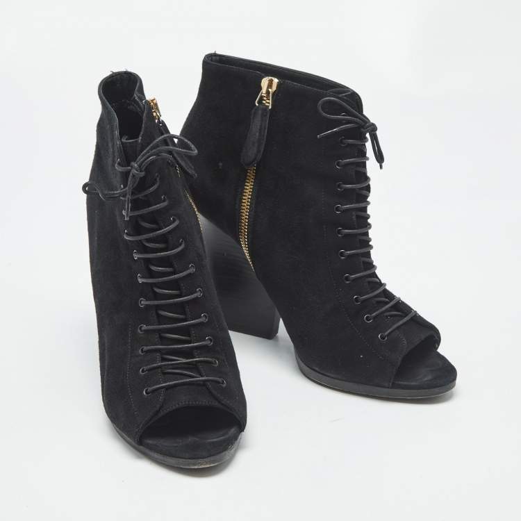 Pre Owned Burberry Black Suede Peep Toe Lace Up Booties Size 39