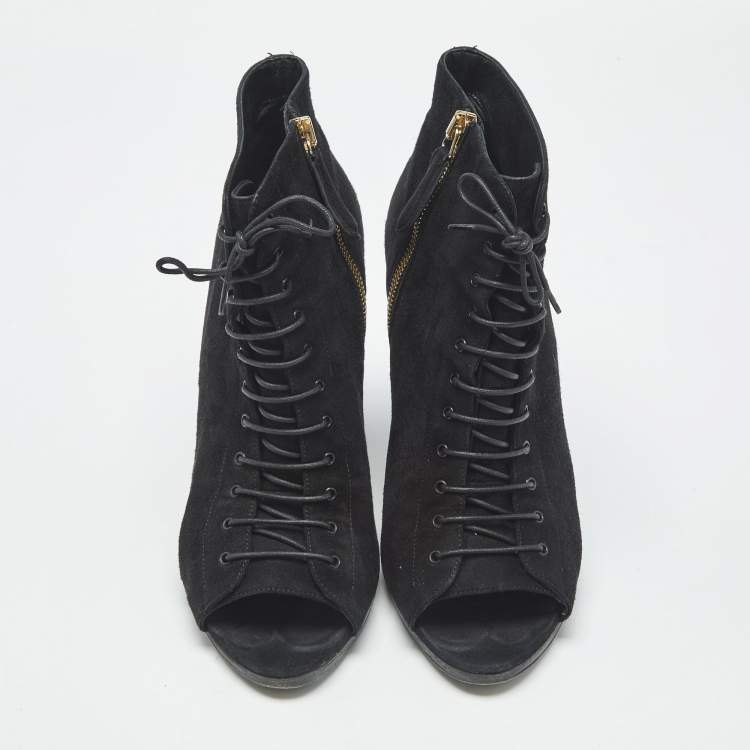 Pre Owned Burberry Black Suede Peep Toe Lace Up Booties Size 39