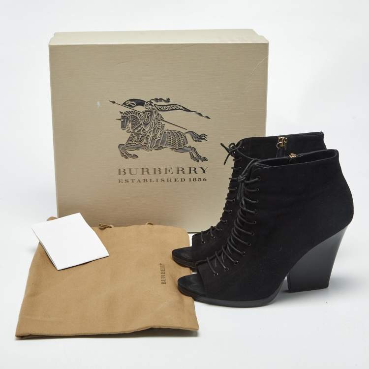 Pre Owned Burberry Black Suede Peep Toe Lace Up Booties Size 39