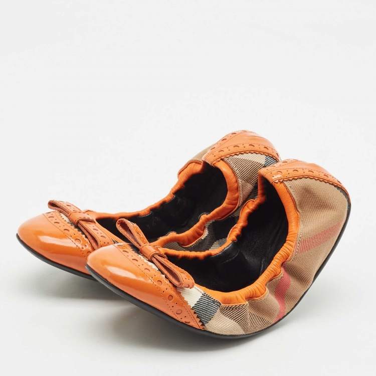 Pre Owned Burberry Brown/Yellow Leather and Nova Check Canvas Scrunch Ballet Flats Size 36.5