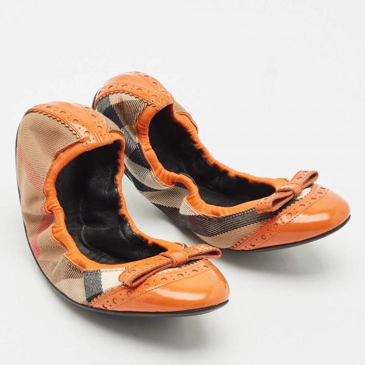 Pre Owned Burberry Brown/Yellow Leather and Nova Check Canvas Scrunch Ballet Flats Size 36.5