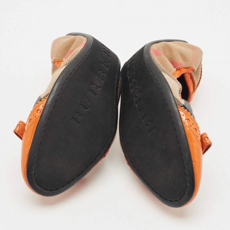 Pre Owned Burberry Brown/Yellow Leather and Nova Check Canvas Scrunch Ballet Flats Size 36.5