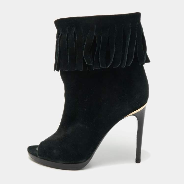 Pre Owned Burberry Black Suede  Fringe Ankle Length Boots Size 37.5  