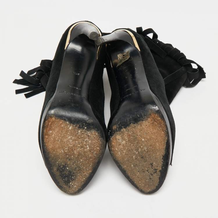 Pre Owned Burberry Black Suede  Fringe Ankle Length Boots Size 37.5  