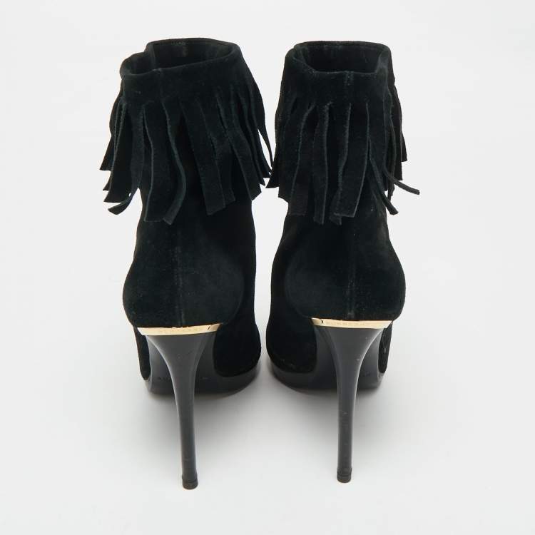 Pre Owned Burberry Black Suede  Fringe Ankle Length Boots Size 37.5  