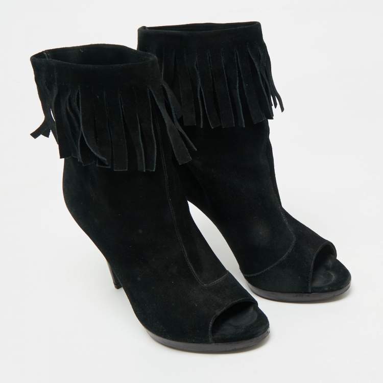 Pre Owned Burberry Black Suede  Fringe Ankle Length Boots Size 37.5  