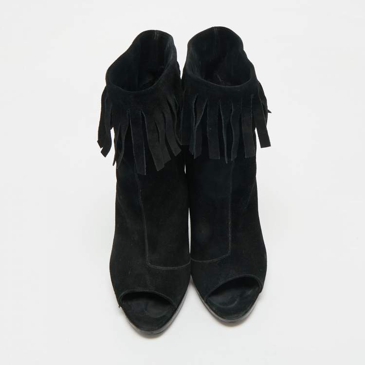 Pre Owned Burberry Black Suede  Fringe Ankle Length Boots Size 37.5  