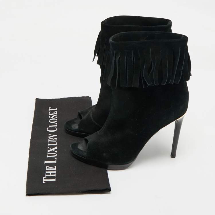 Pre Owned Burberry Black Suede  Fringe Ankle Length Boots Size 37.5  