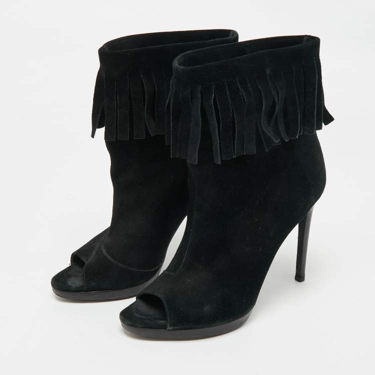 Pre Owned Burberry Black Suede  Fringe Ankle Length Boots Size 37.5  