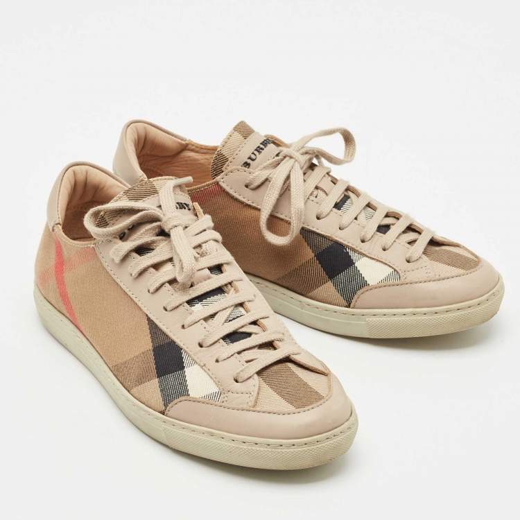 Pre Owned Burberry Beige Nova Check Canvas and Leather Low Top Sneakers Size 36