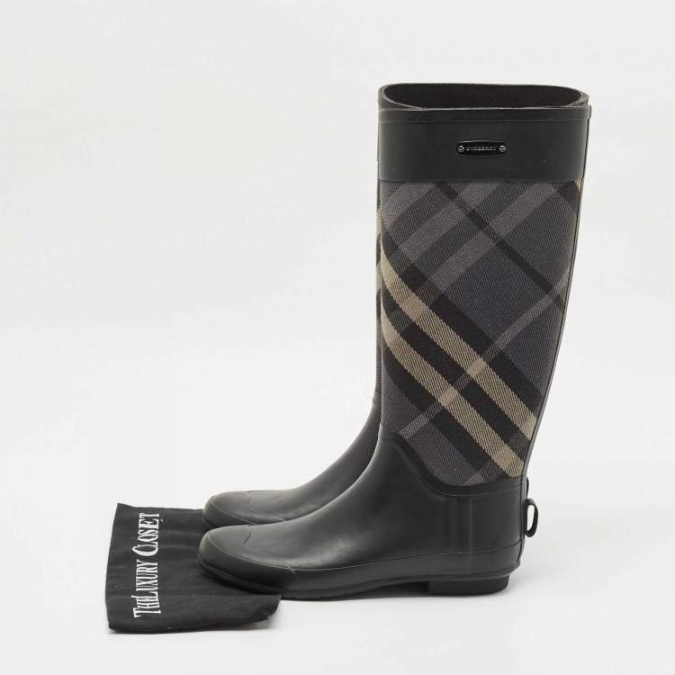 Pre Owned Burberry Multicolor Canvas and Rubber Clemence Rain Boots Size 39